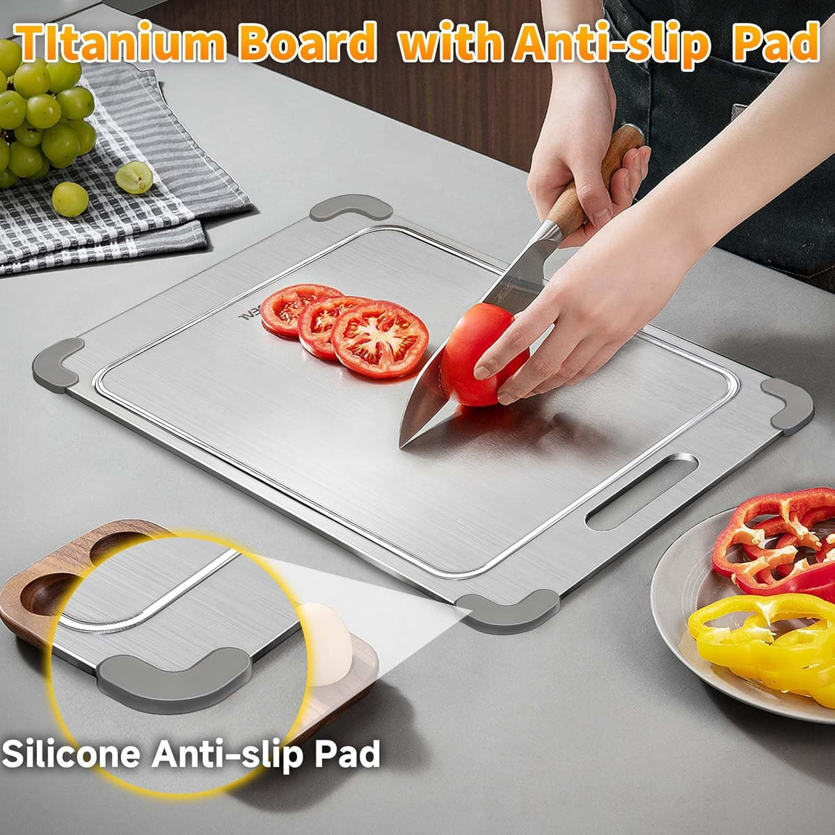 100% Pure Titanium Cutting Board with Grooves, Update Double Side Titanium Chopping Board, Silicone Anti-slip Stainless Cutting Boards for Kitchen 9 * 13 IN, Grey