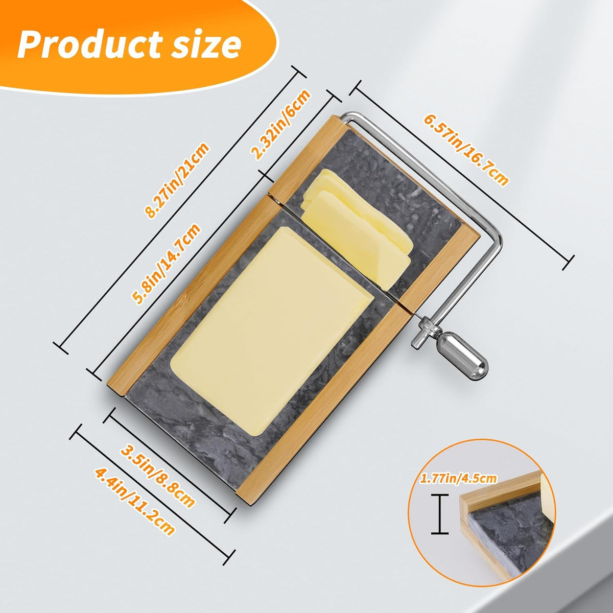 Tianman Cheese Slicer Cheese Cutter with 4 Replacement Cutting Wire,Heavy Duty 8.27"x 4.4",Marble Board Cheese Slicer for Block Cheeses, Butter,Cakes and More(Black Grey)