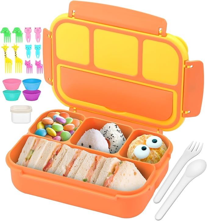QQKO Bento Box for Kids Adults, School Toddler Lunch Box for Boys Girls, Lunch Box Containers with 4 Compartments, Sauce Container, Utensils, Food Picks and Muffin Cups for School, Orange Yellow