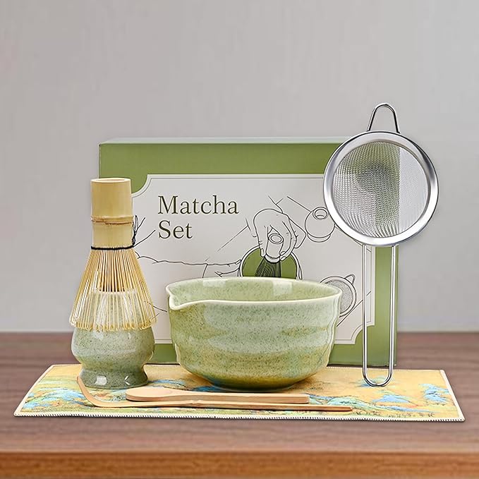 Green Matcha Whisk Making Set - Japanese Tea Kit with Whisk Bowl and Bamboo Scoop Ceramic Chawan with Spout for Traditional Tea Ceremony Complete Matcha Making Tools Gift for Tea Lovers (Green, 5 PCS)
