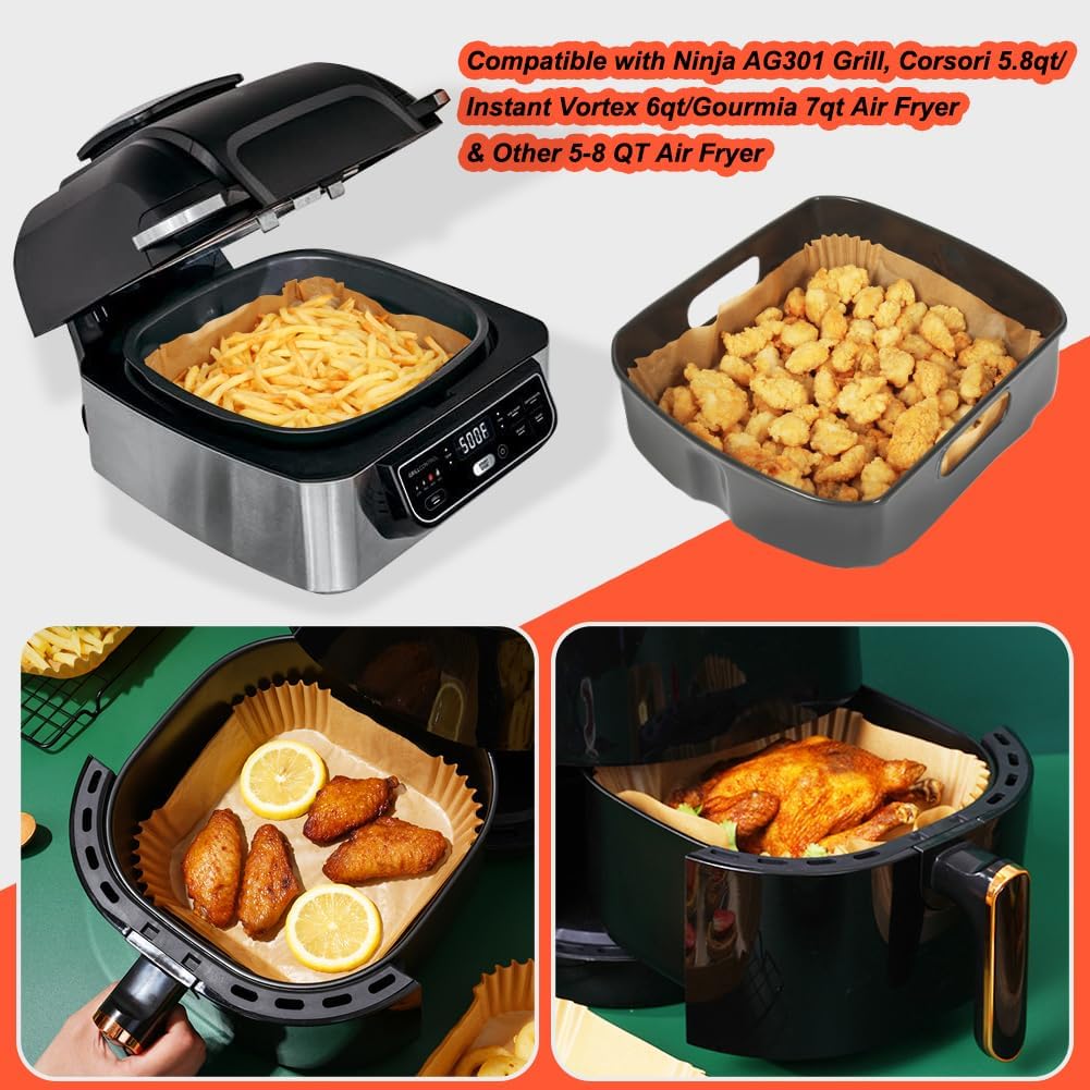 BYKITCHEN Air Fryer Sheet Liners for Ninja AG301 Grill, Cosori, Gourmia Airfryer, Set of 200, 9 Inch Air Fryer Parchment Paper Filters for 5 to 8 Qt Basket, Ninja Foodi Grill Accessories
