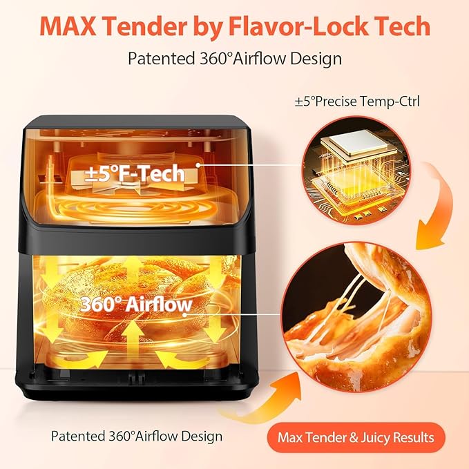 Beelicious 5.8QT Large Air Fryer, 12-in-1 Digital Airfryer with Window, 40+ Recipes, Flavor-Lock Tech, Dishwasher Safe,Shake Reminder, Compact, Quiet, Nonstick Air Fryers. Black