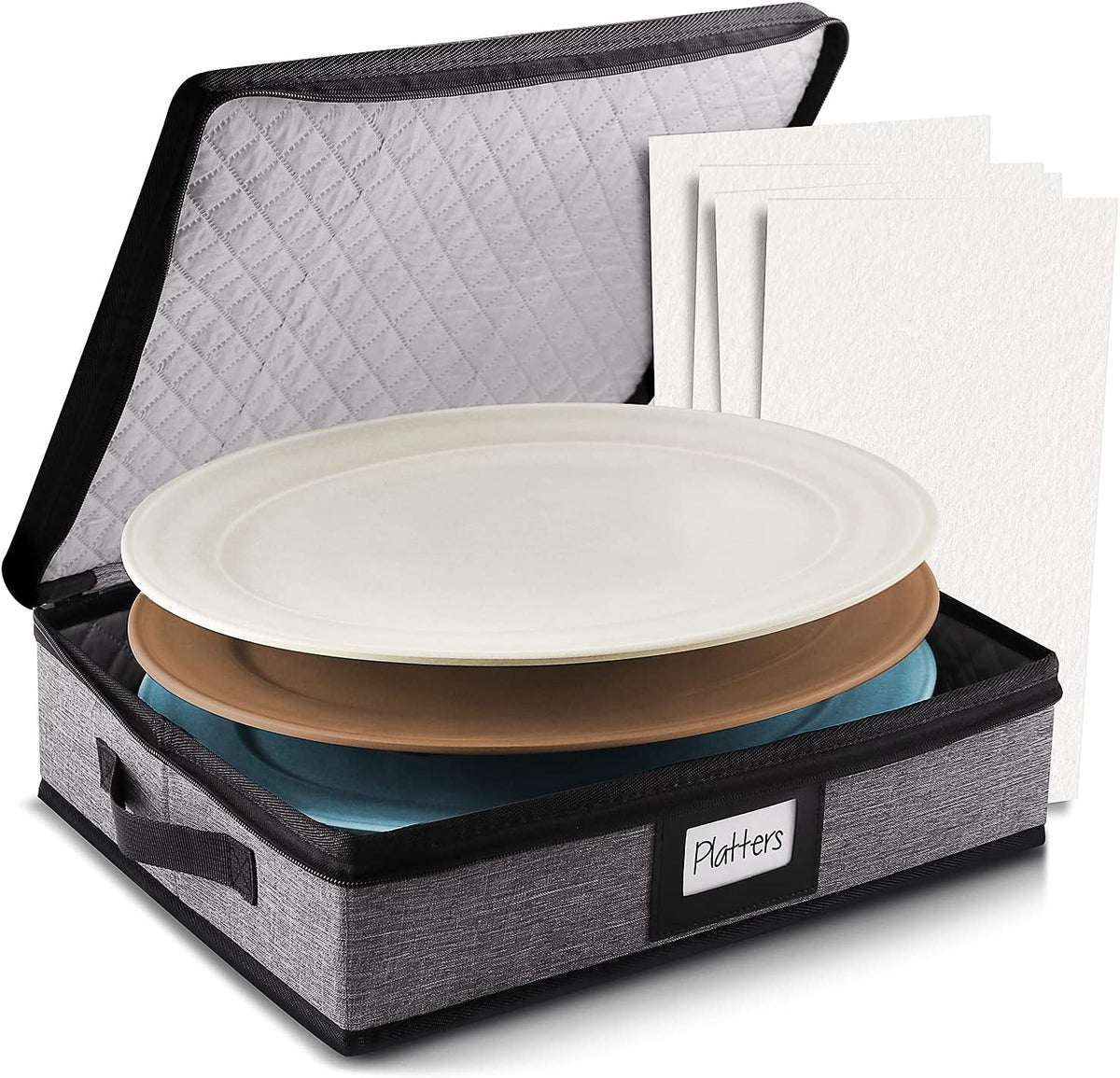 Platter Storage Case, Fine China Storage Containers Hard Shell, Quilted and Stackable 16”x 12.5”x 3.5” Platter Storage Container with Zipper, Handles and Felt Dividers for Moving and Seasonal Storage