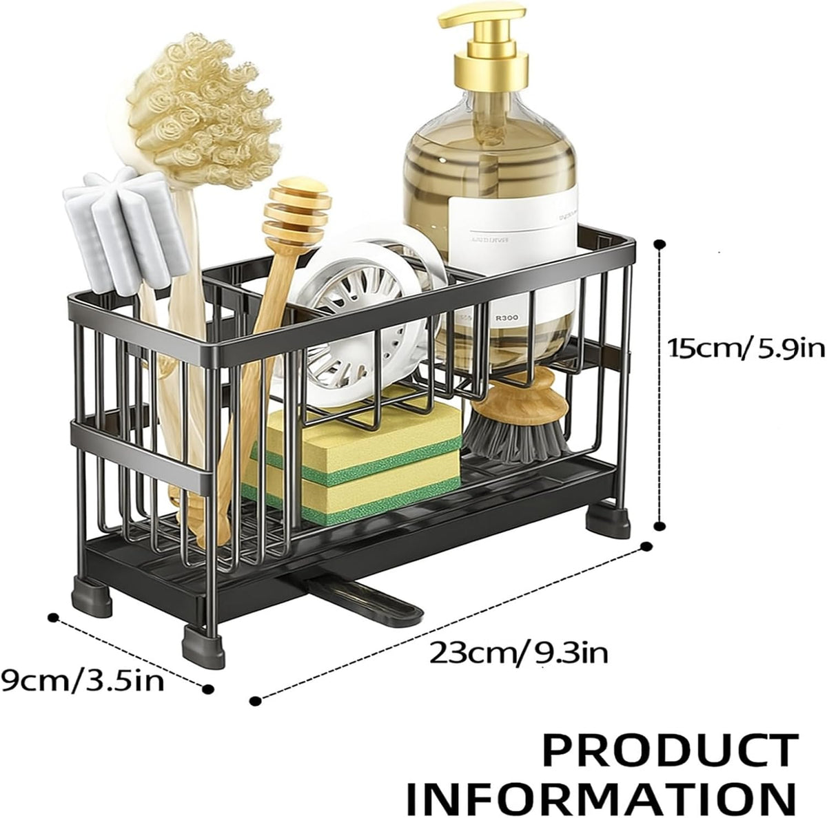 Sponge Holder for Kitchen Sink, 2 Tier Sink Caddy Organizer with Brush Holder, Non-Slip Stainless Steel Kitchen Countertop Organizers and Storage, Soap Dispenser Organize with 360°Drain Tray