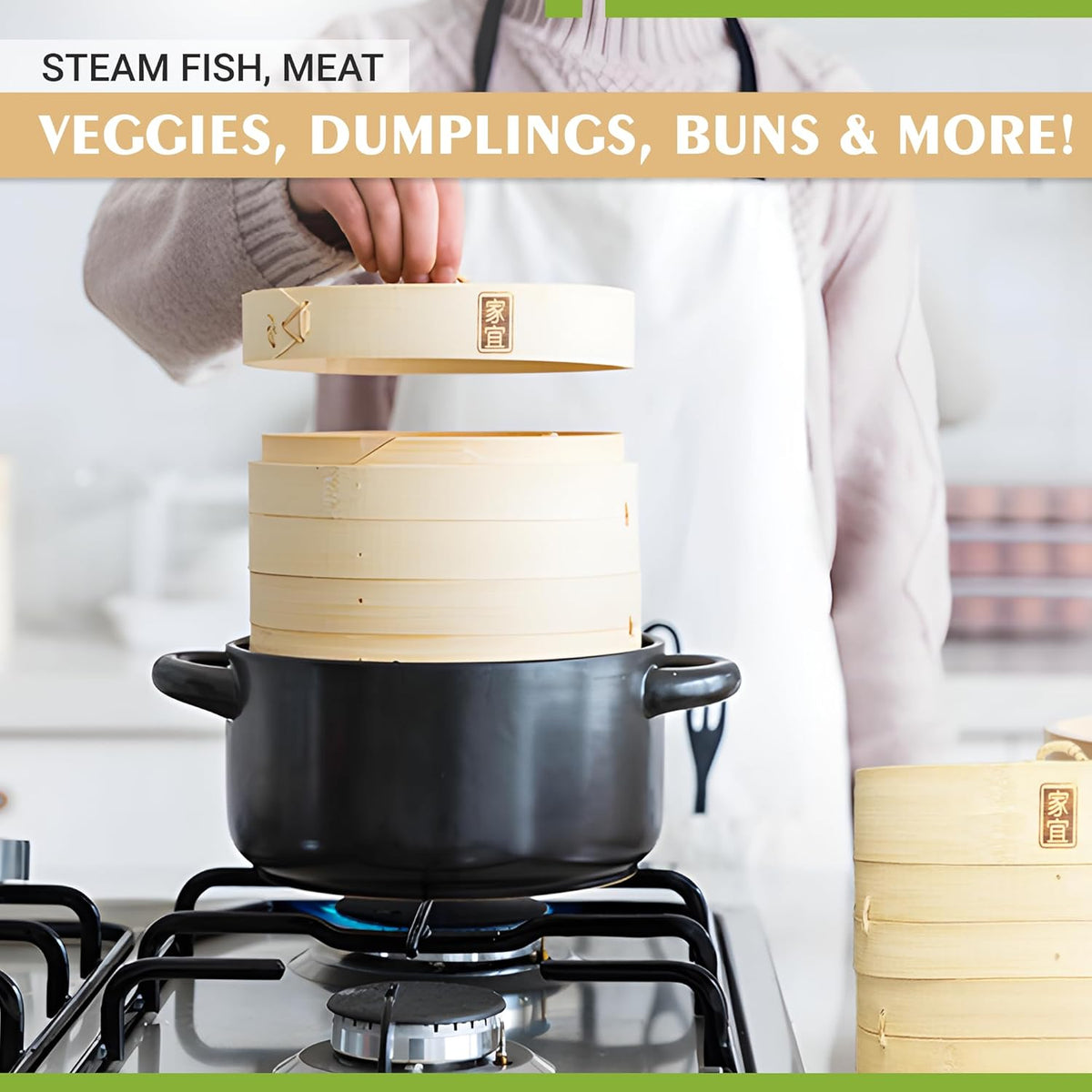Zoie + Chloe Bamboo Steamer Basket - 2-Tier Dumpling Steamer for Cooking with 2 Reusable Cotton Liners for Bao, Dim Sum, Veggies, Asian Steamed Buns -Stackable, Space-Efficient - 8-Inch Steam Basket