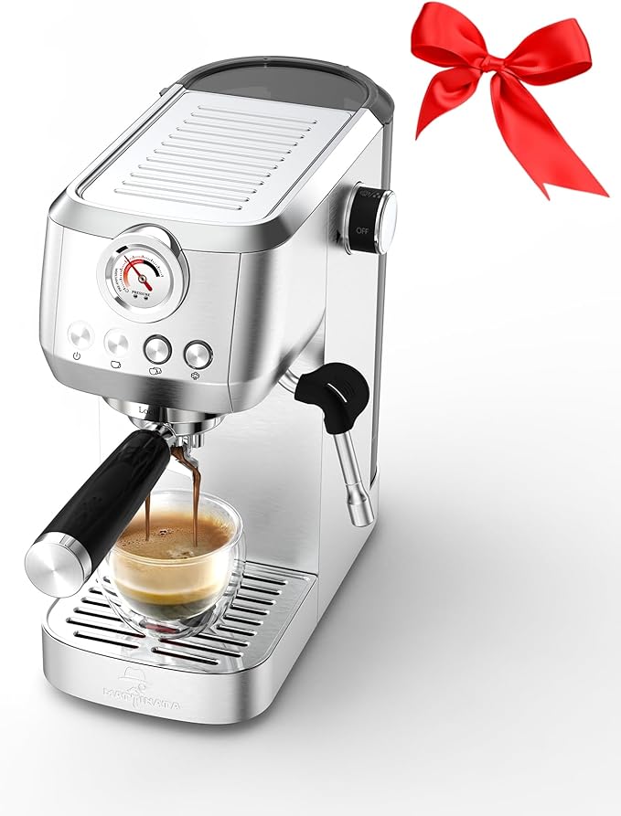 MAttinata CM1663 Espresso Machine, 20 Bar Compact Coffee Maker with Milk Frother Steam Wand for Cappuccino, Latte, Professional Pressure Gauge & 49oz Removable Water Tank for Home，Stainless Steel