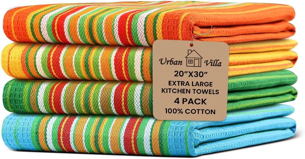 Urban Villa Salsa Stripe Kitchen Towels 100% Cotton Dish Towels for Kitchen Multi Color Highly Absorbent Multi-Purpose Waffle Dish Cloths for Cleaning Soft Hand Bar Towels 20x30 Inches (Set of 4)