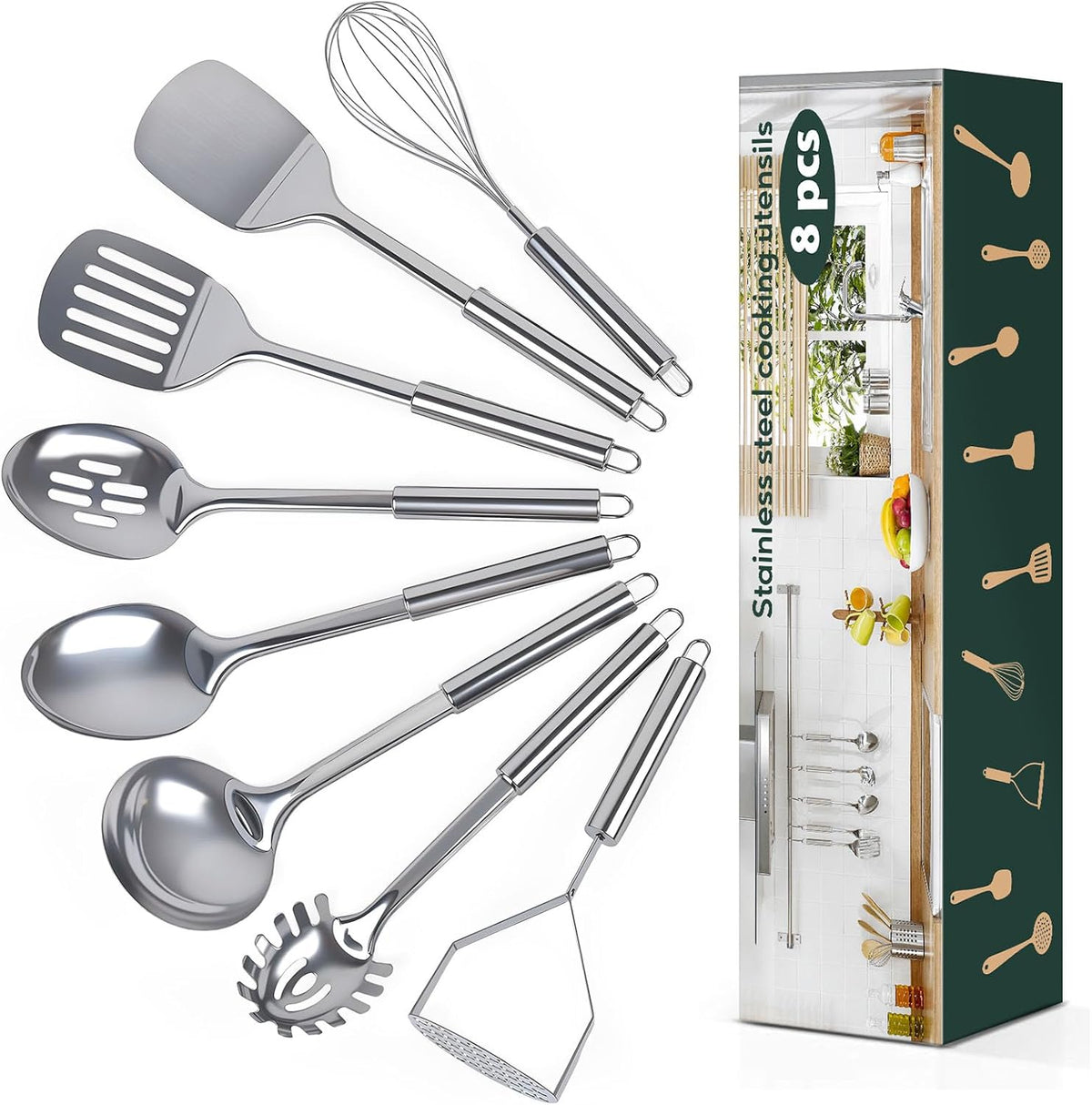8 Pcs Cooking Utensils Set, Stainless Steel Kitchen Utensils, Heat Resistant Metal Kitchen Tools Include Solid & Slotted Spatula, Serving Spoon, Ladle, Pasta Server,Potato Maseher, Egg Whisk, Silver