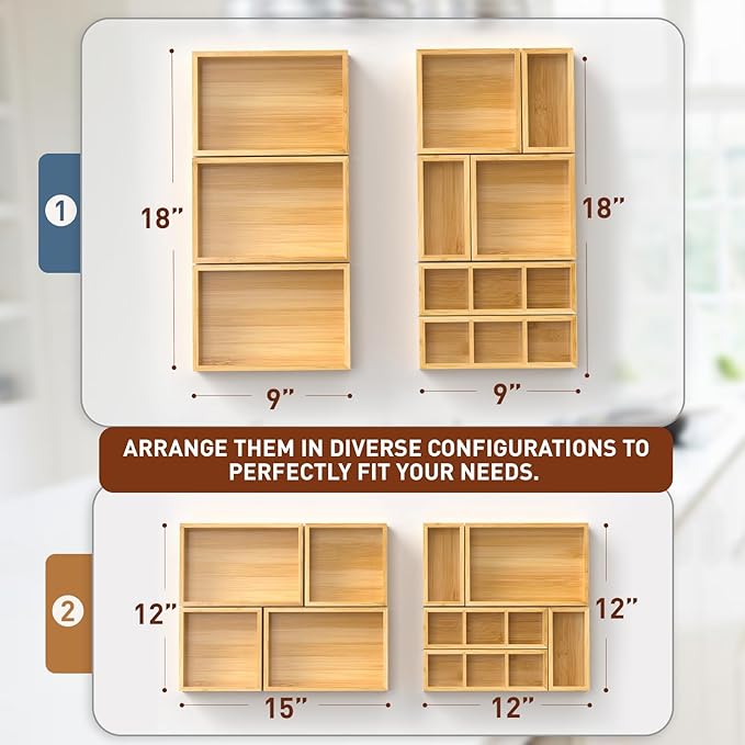 Bamboo Drawer Organizer, Set of 9 Wood Kitchen Junk Tea Desk Office Tray, Wooden Storage Boxes Organizers for Bathroom, Office (2" H 9 Boxes)