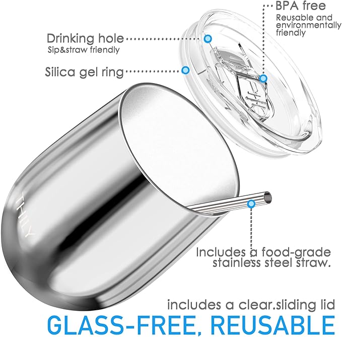 THILY Vacuum Insulated Stemless Wine Tumbler 4 Pack Stainless Steel Wine Glass with Lid and Straw, Keep Cold or Hot for Coffee, Cocktails, Christmas Birthday Gift, Mirror Silver