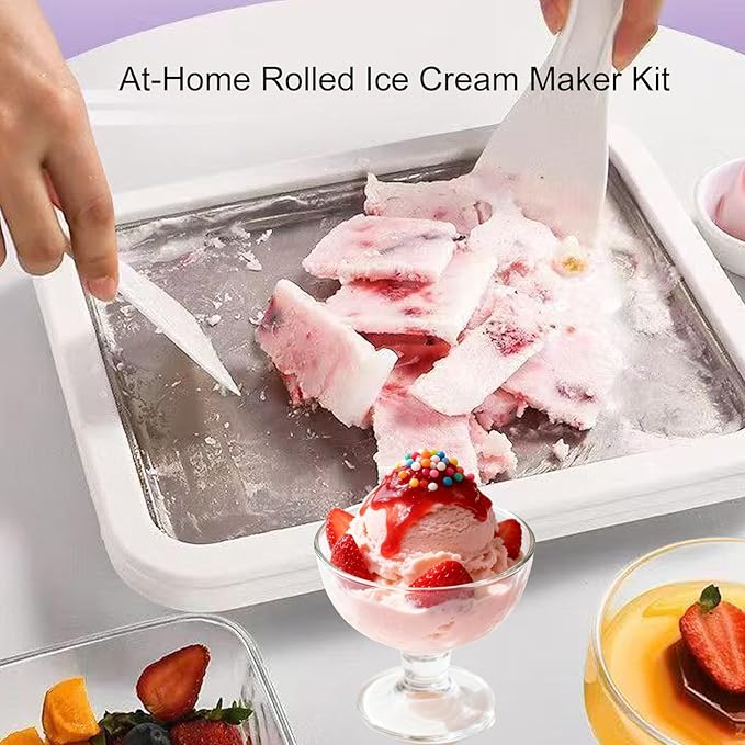 Rolled Ice Cream Maker Kit, At-Home Instant Freeze Plate with 2 Scrapers, 9×7 inch, DIY Stainless Steel 304 Homemade Iced Tray (pink)
