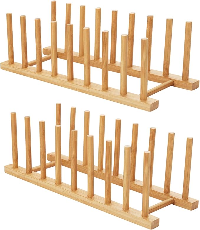 HBlife Bamboo Folding 2-Tier Collapsible Drainer Dish Drying Rack with Utensils Flatware Holder and 2pcs Dish Plate Bowl Cup Book Pot Lid Cutting Board Drying Rack Stand