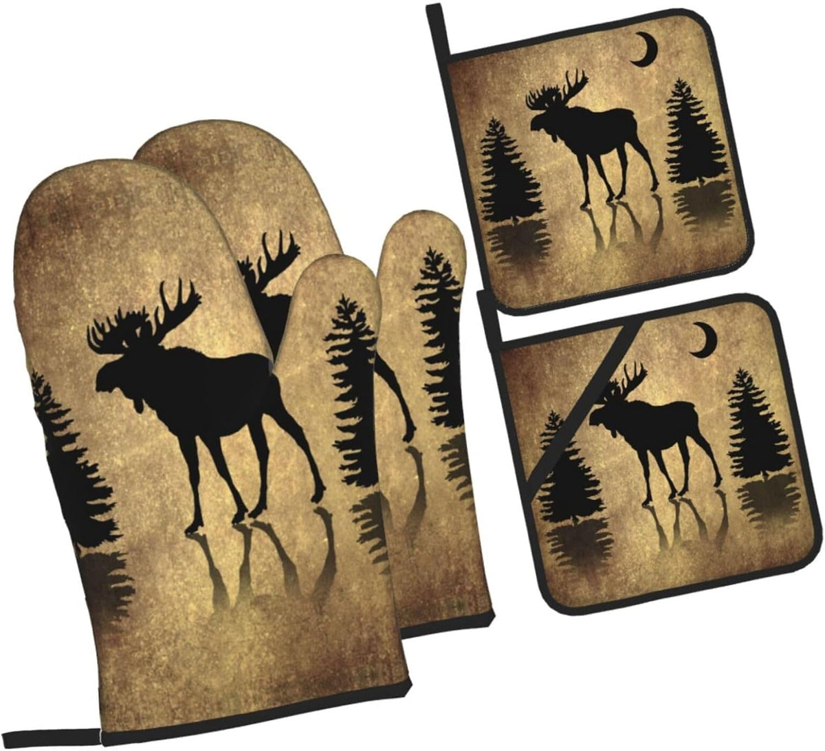 Rustic Elk Moose Deer Forest Pine Tree Moon Design Oven Mitts and Pot Holders Sets of 4 High Heat Resistant Vintage Animal Oven Mitts Oven Gloves and Hot Pads Potholders for BBQ Cooking Mitts