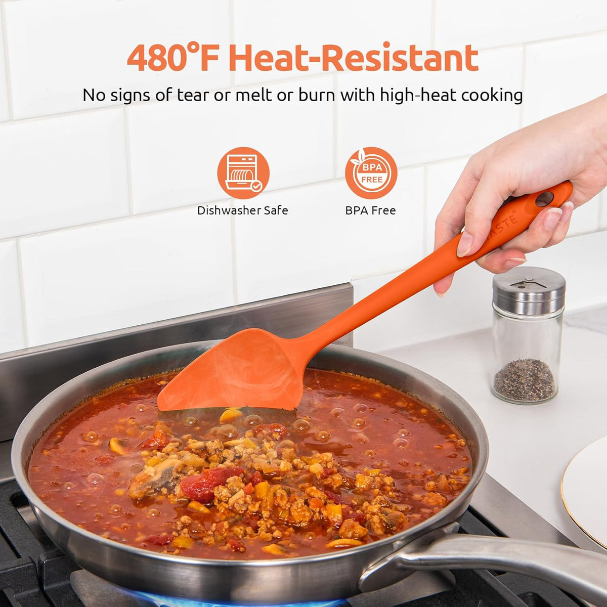 U-Taste Silicone Spoon Spatula Set: 480ºF Heat Resistant Food Grade Flexible Rubber Spoonula, Nonstick Cooking Mixing Scooping Kitchen Baking Scraper Utensils Set of 3 for Pan, Pot, Bowl (Orange)