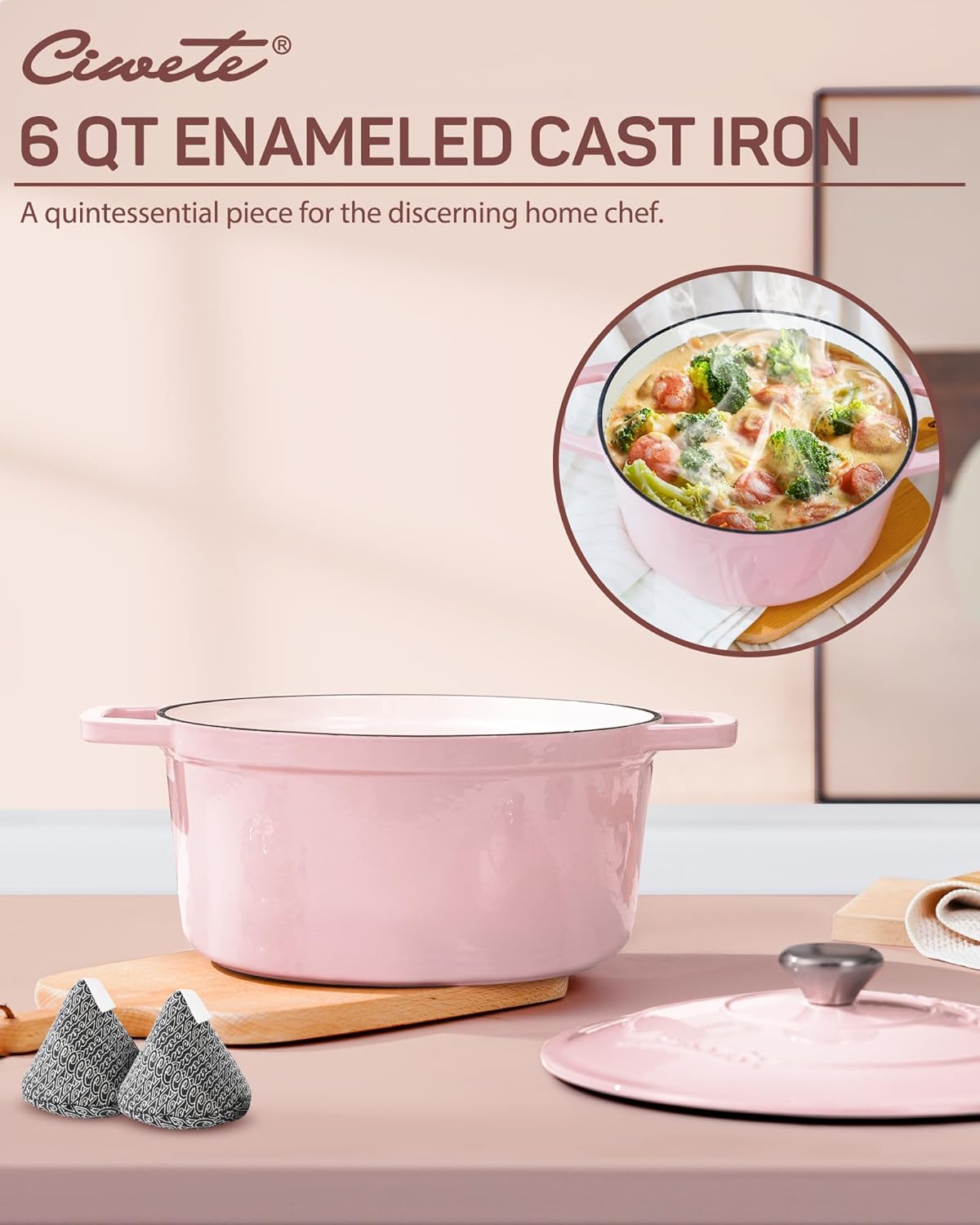 6 QT Dutch Oven Pot with Lid, Enameled Cast Iron Dutch Oven for Bread Making, Braiser, Cooking, Dual Handles, Oven Safe up to 500° F or on Stovetop, Gifts for Family - Pink