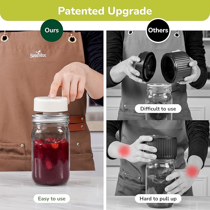 SealVax® Mason Jar Vacuum Sealer Kit – Auto-Stop Wide Mouth Vacuum Sealer + 6 Reusable AS Airtight Lids with Patented Valve, Compatible with Ball & Kerr Mason Canning Jars, Designed in USA