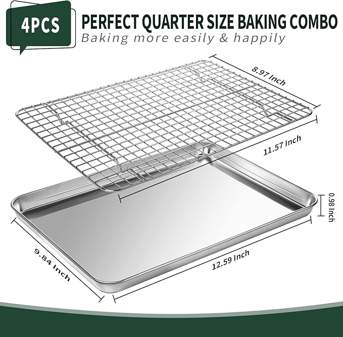 Quarter Sheet Pan with Cooling Rack Set [2 Baking Sheets + 2 Baking Racks], CEKEE Stainless Steel Cookie Sheets for Baking and Wire Rack - Rust & Warp Resistant & Nonstick, Size 12 x 9.8 x 1 Inch