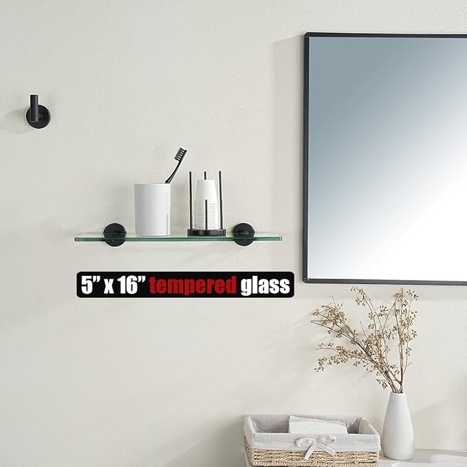 JQK Bathroom Glass Shelf Black, Tempered Glass Shower Storage 16 by 5 inches, 304 Stainless Steel Matte Black Wall Mount, TGS101L16-PB