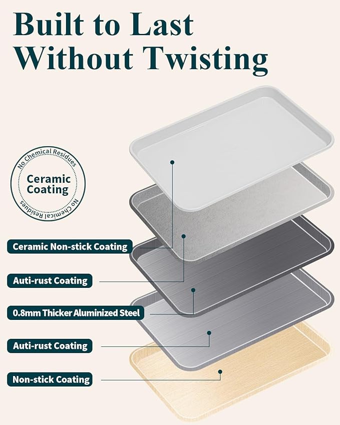 7PCS Ceramic-Coated Baking Sheet Set - 10x15in Jelly Roll Pan Non-Stick Cookie Sheet with Wire Rack, Silicone Spatula & 4 Cookie Cutters, PFAS Free, Oven Safe (550°F), Sunshine Cream