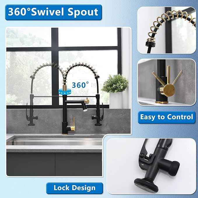 Fapully LED Kitchen Faucet with Pull Down Sprayer,Black&Gold Commercial Kitchen Faucet for Kitchen Sink