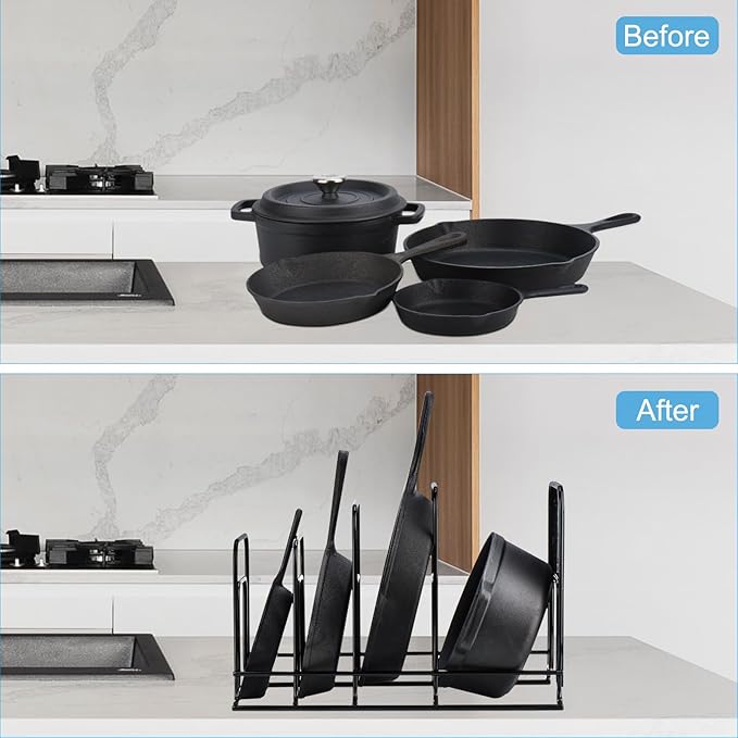 Toplife 2 Pack Heavy Duty Pan Organizer, 5 Tier Pot and Pan Organizer Rack for Cast Iron Skillets, Griddles and Pots - Sturdy Steel Construction- No Assembly Required - Black