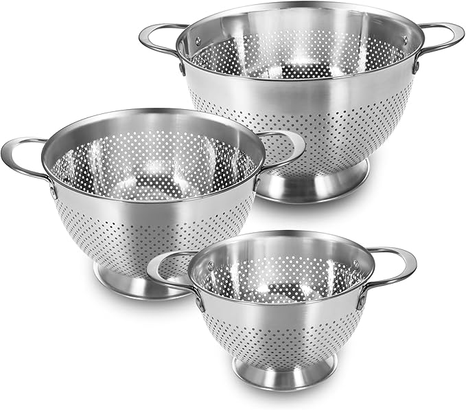 Stainless Steel Colander Set of 3 (1.5-3-5Quart) | Durable Rice and Pasta Strainer with Handle | Oversized Handles | Nesting Design | Rust-Resistant & Dishwasher Safe
