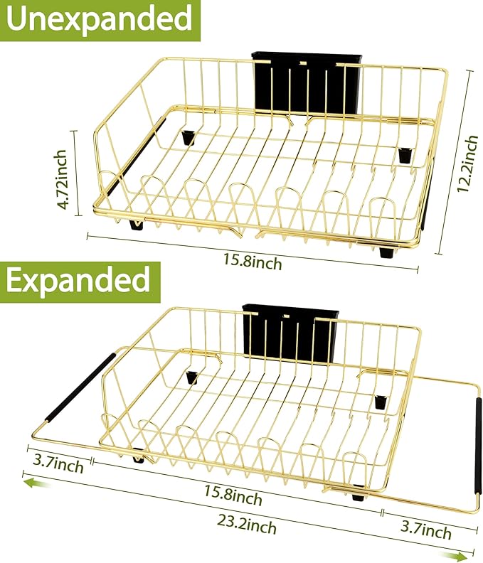 Golden Expandable Dish Drying Rack with Silicone Drying Mat-Extra Large Stainless Steel Dish Drainer Over The Sink with Utensil Holder, Applicable for Sink Width 16'-22' (Gold,23.2'*12.2')