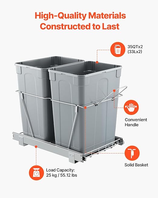 VEVOR Pullout Trash Can for Kitchen Cabinets, 35 QT x2 Double Under Sink Garbage Waste Recycling Bin, Under Mount Waste Container, with Heavy Duty Metal Full Extension Sliding System and Handle Grey