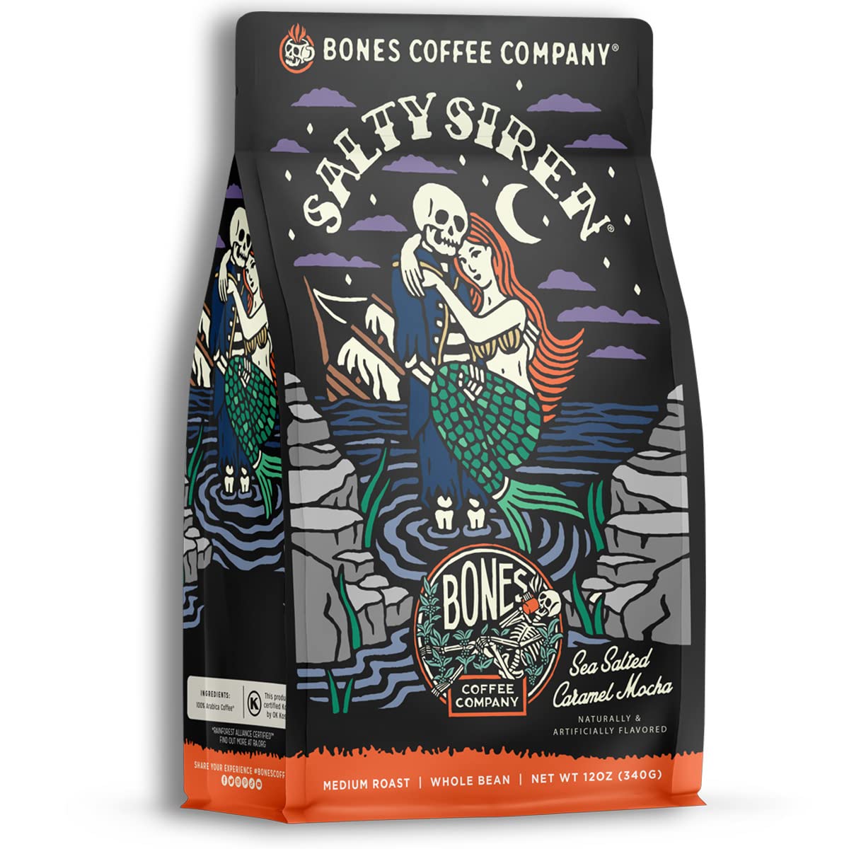 Bones Coffee Company Salty Siren, Sea Saled Caramel Chocolate Flavored Coffee, Medium Roast Low Acid Arabica Beans Compatible with Auto drip and French Press Coffee Maker, 12 Oz Whole Bean