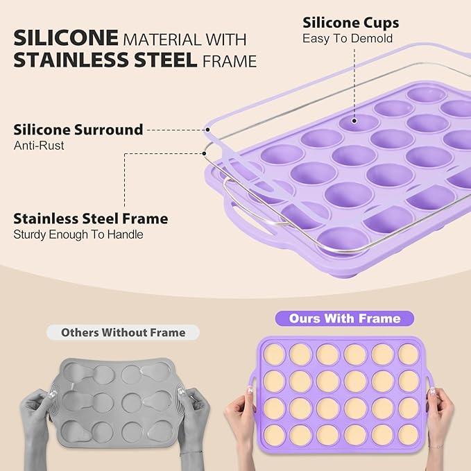 Mini Silicone Muffin Pan with Metal Frame, Non Stick Silicone Cupcake Pan with Handles 24 Cup, BPA Free Silicon Muffin Tin Tray Small for baking, egg bites, Cupcake Mold Purple