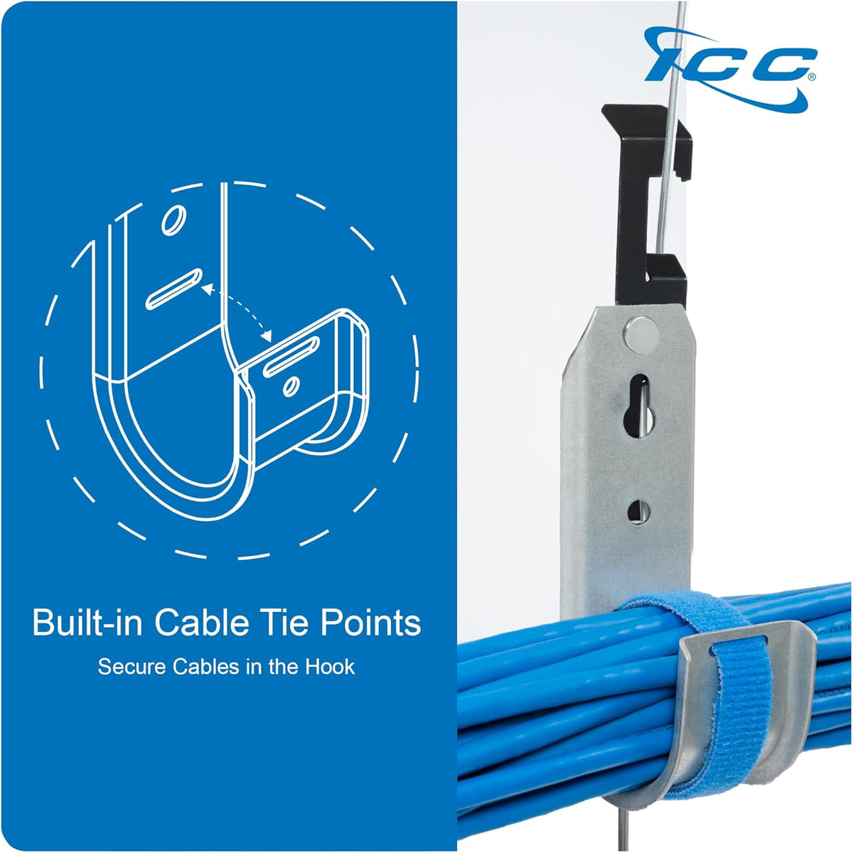 ICC Batwing J Hook 2” with Retainer Clip - Galvanized Steel Cable Management Hooks for Hanging Cable to Hanger Wire and Threaded Rod - Rust-Resistant, EIA and TIA Compliant - 2 Inch 25 Pack