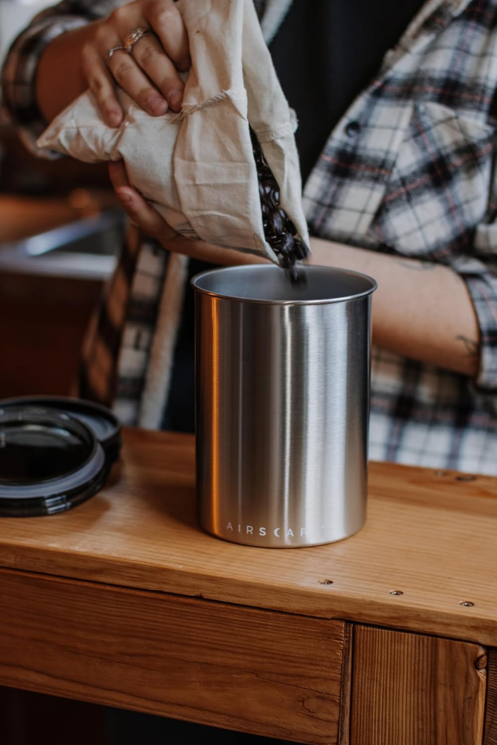 Planetary Design Airscape Stainless Steel Coffee Canister | Food Storage Container | US Patented Airtight Lid | Push Out Excess Air Preserve Food Freshness (Medium, Matte Red)