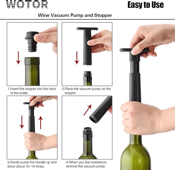 WOTOR Wine Stoppers Vacuum, Wine Saver, Wine Pump Vacuum Stoppers, Wine Preserver, Reusable Bottle Sealer Keeps Wine Fresh (Black, 24 Pieces)