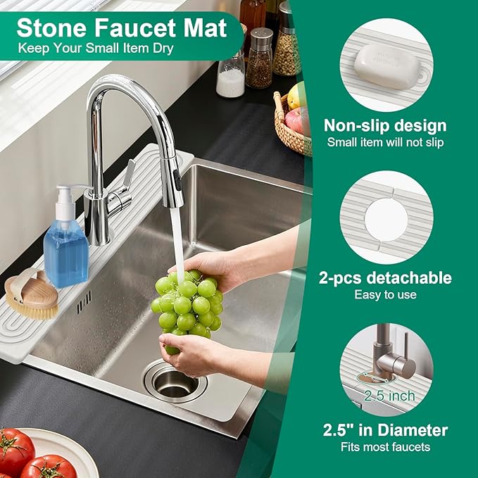 Stone Drying Mat for Kitchen Counter, 24"x16" Water Absorbing Dish Drying Mat with 24"x4" Faucet Mat for Kitchen Sink, Diatomaceous Earth Quick Dry Stone Mats for Dishes Bottles Cups (Off White)