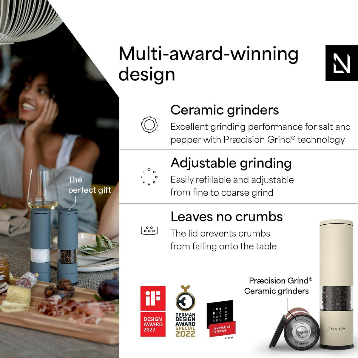 LARS NYSØM Salt and Pepper Grinder Set Manual, Stainless Steel Salt and Pepper Mills with Adjustable Ceramic Grinder I Design Spice Shakers (Red/Beige)