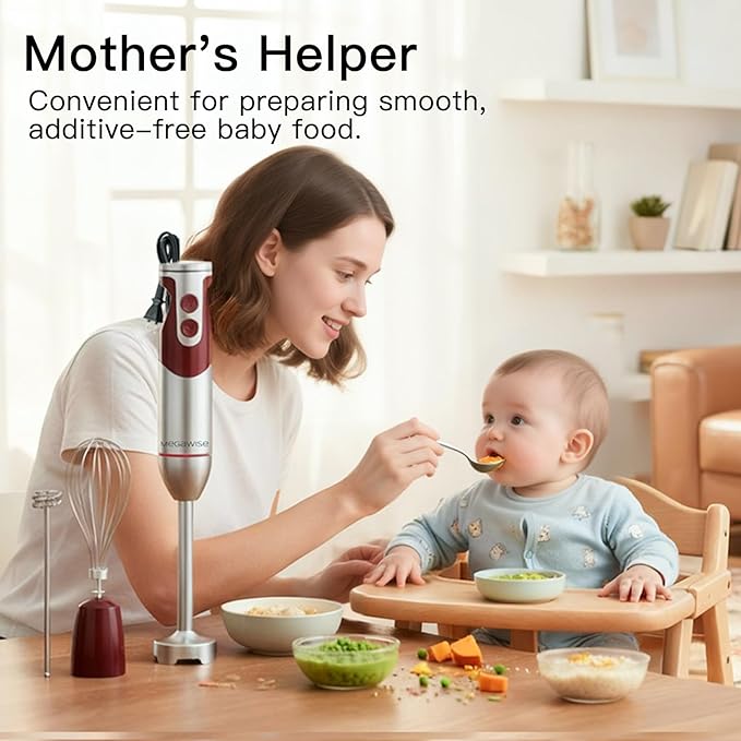 MegaWise 3-in-1 Hand Blender Set with Variable Speed Control, 400W Immersion Blender - Includes Whisk, Milk Frother, Chopper, and Beaker for Smoothies, Soups, and Baby Food (RED)