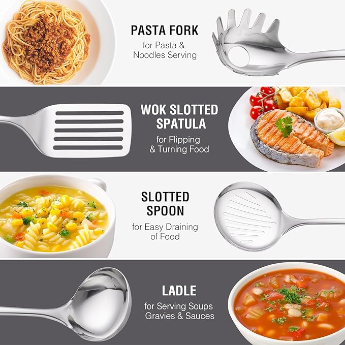 Stainless Steel Cooking Utensils 7PCS Kitchen Utensils Set, Heat Resistant Handle Utensils Set Included Ladle, Meat Fork, Slotted Spatula, Pasta Fork, Masher, Solid Spoon, Skimmer Spoon