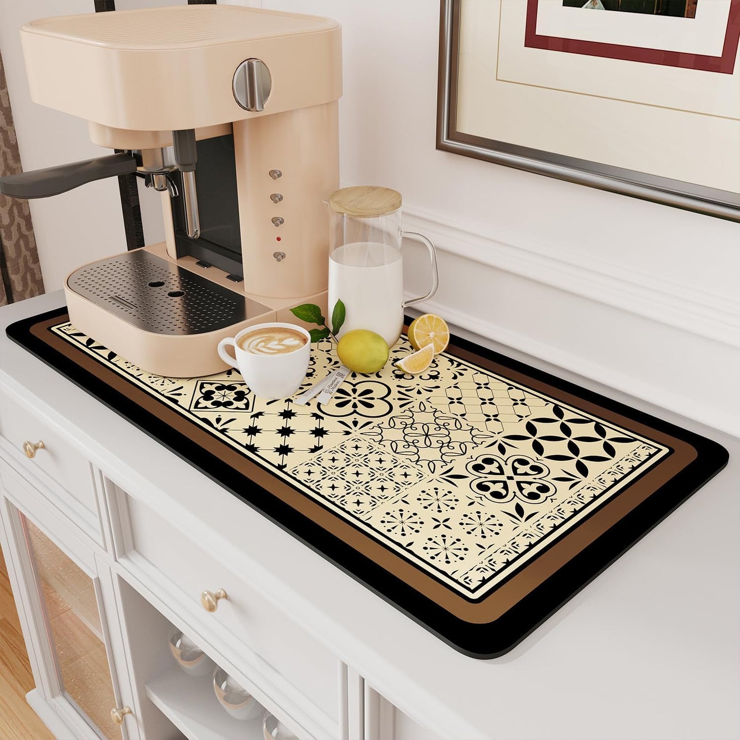 AMOAMI Coffee Mat Hide Stain Rubber Backed Absorbent Dish Drying Mat for Kitchen Counter - Fits Under Coffee Maker or Machine - Khaki 17x31.5