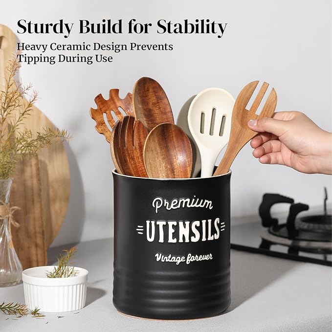DOWAN 7.2″ Extra Large Utensil Holder, Farmhouse Utensil Holder for Kitchen Counter, Ceramic Utensil Crock with Protection Cork Mat, Utensil Storage for Kitchen Decor & Housewarming Gift, Matte Black