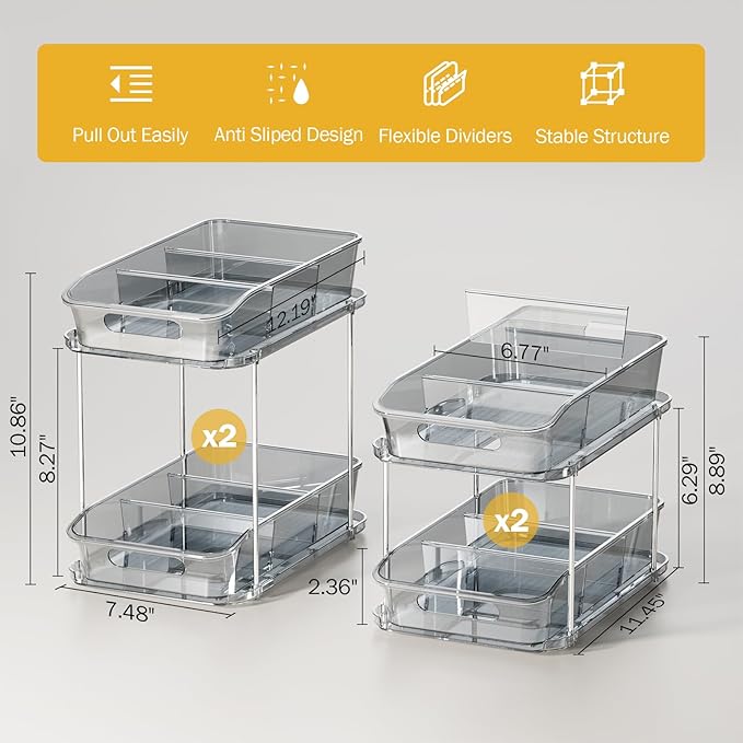 Delamu 2-Tier Under Sink Organizers and Storage, Multi-Purpose Stackable Bathroom Cabinet organizers, Pull Out Kitchen Pantry Organization and Storage with Dividers(4 Pack, Grey)