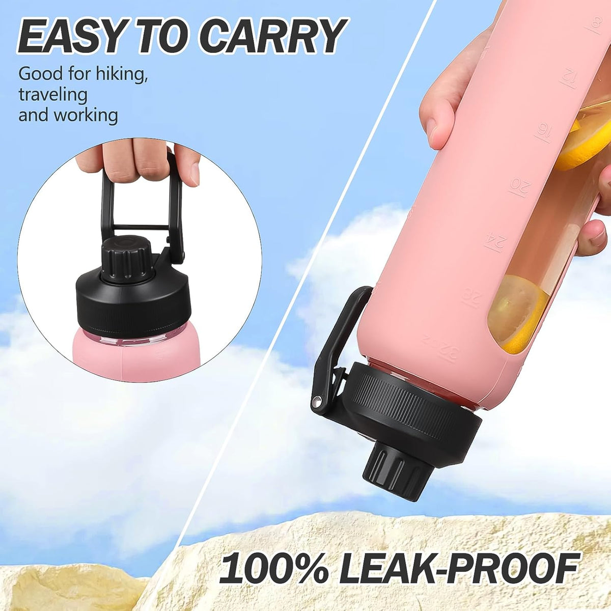 Glass Water Bottle with Straw, 24oz Glass Drinking Bottle with 2 Lids-Bamboo and Spout Lid with Phone Holder Handle for Gym Sports,with Silicone Sleeve and Time Marker,Pink