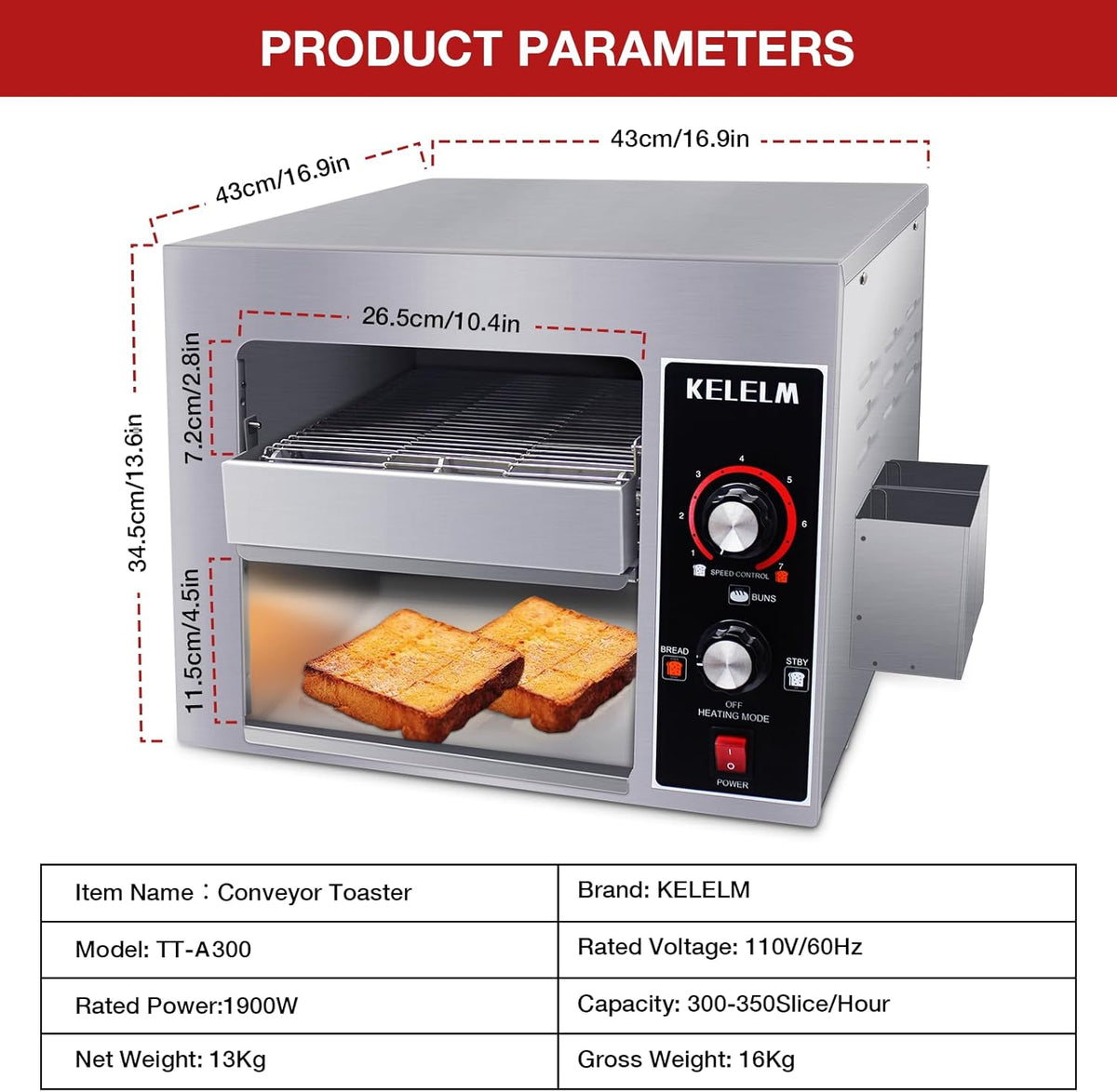 Conveyor Toaster,Commercial Toaster, Heavy Duty Restaurant 300 Slices for Bread Bun Bagel Baked Food,1.9KW