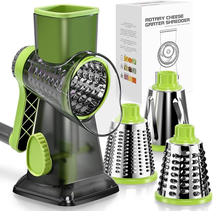 Cheese Grater Hand Crank Rotating Cheese Shredder Stainless Steel Vegetable Slicer Grater for Kitchen 3 Blades for Cheese, Carrot, Cucumber, Nuts, Chocolate, Green
