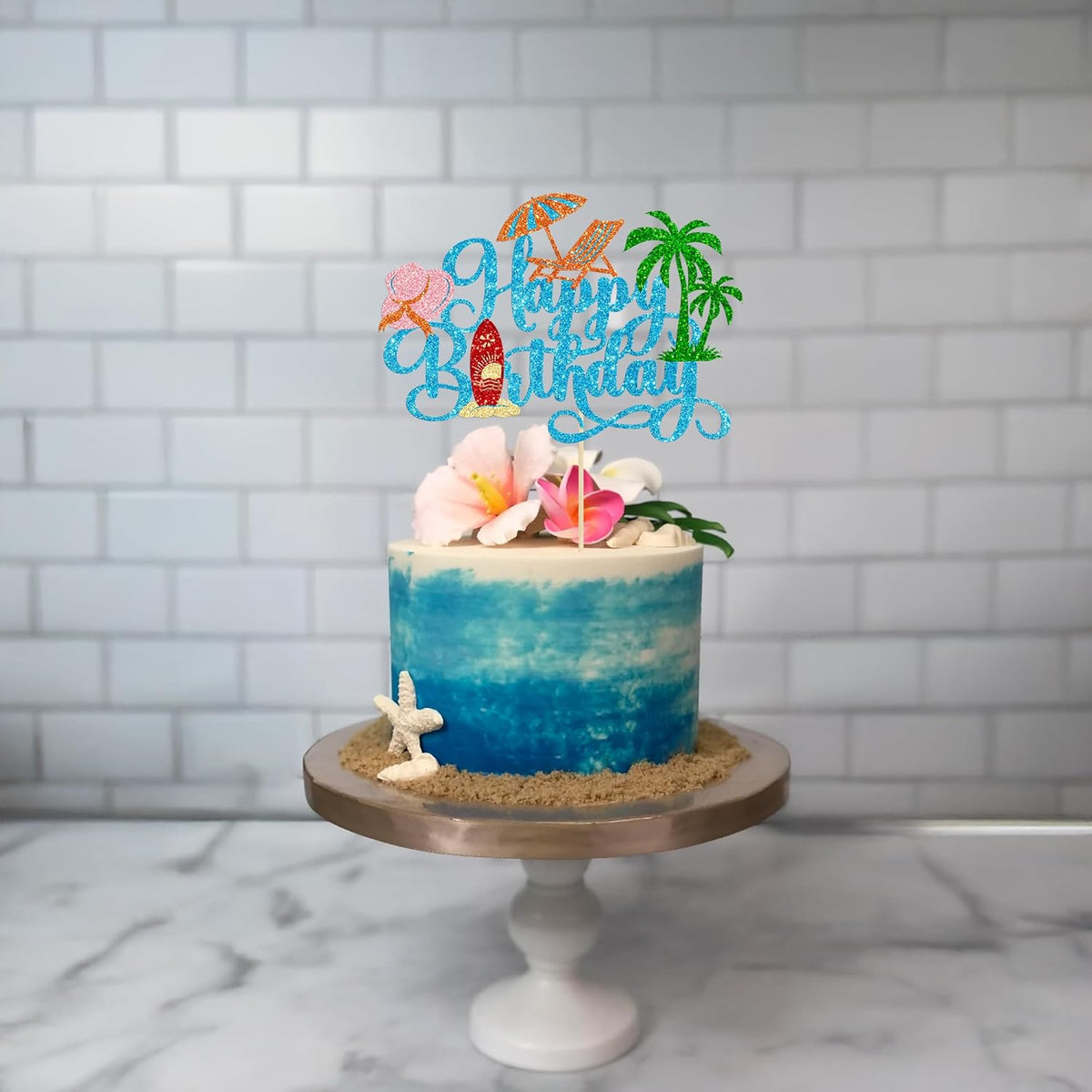 Gyufise 1Pcs Summer Beach Happy Birthday Cake Topper Glitter Ball Tree Umbrella Pool Cake Pick for Hawaiian Holiday Baby Shower Birthday Party Cake Decorations Supplies Blue