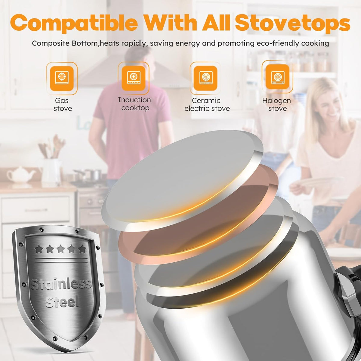 BreeRainz 8.45QT 304 Stainless Steel Pressure Cooker, 3-Stage PSI Settings, One-Hand Locking,Explosion-Proof Pot w/Extra Glass Lid, Timer, Steaming Rack(Induction Compatible)