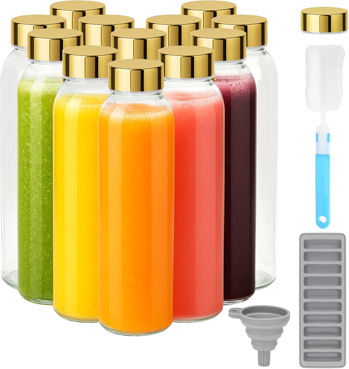 Zukro Glass Water Bottles with Lids 18 oz, Reusable Juice Bottles for Juicing, Leak Proof Juice Storage Containers for Fridge, Clear Drinking Jars With Stainless Steel Caps, BPA Free, Set of 12 Gold