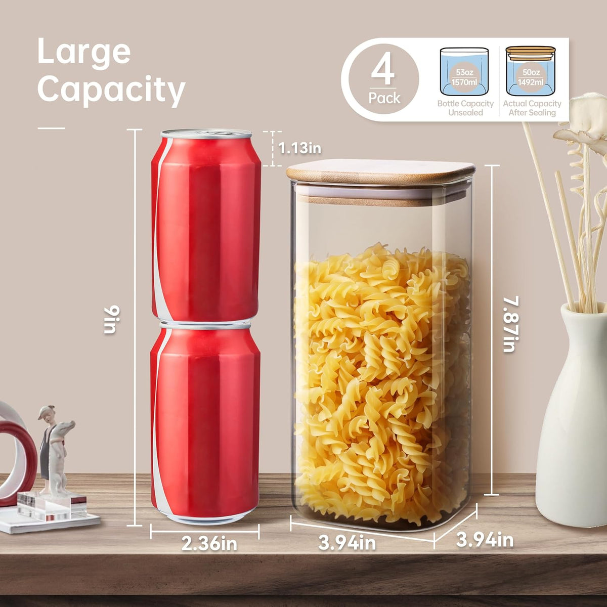 Square Glass Jars with Bamboo Lids 53 FL OZ [Set of 4], Glass Canisters with Airtight Lid, Glass Food Storage Containers for Pasta, Cereal, Coffee, Flour, Sugar, Best for Kitchen & Pantry