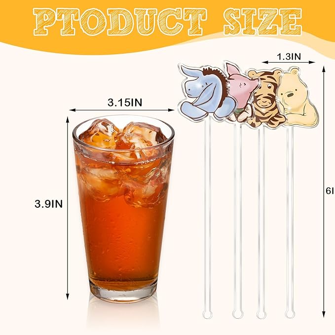 24 Pieces Disposable Acrylic Stirring Sticks for Cocktails Custom Drink Stirrers, Winnie Bear Baby Shower Party Drinks Decorations