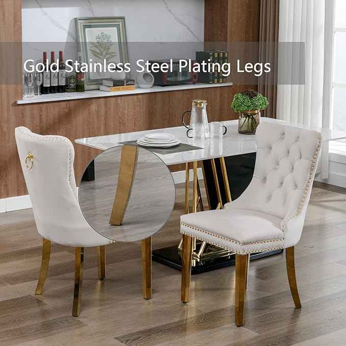 Beige Velvet Dining Chairs Set of 4, Upholstered Dining Room Chairs with Back Ring Pull Trim and Golden Stainless Steel Legs,Modern Kitchen Chairs for Dining Room,Living Room,Kitchen(Beige)