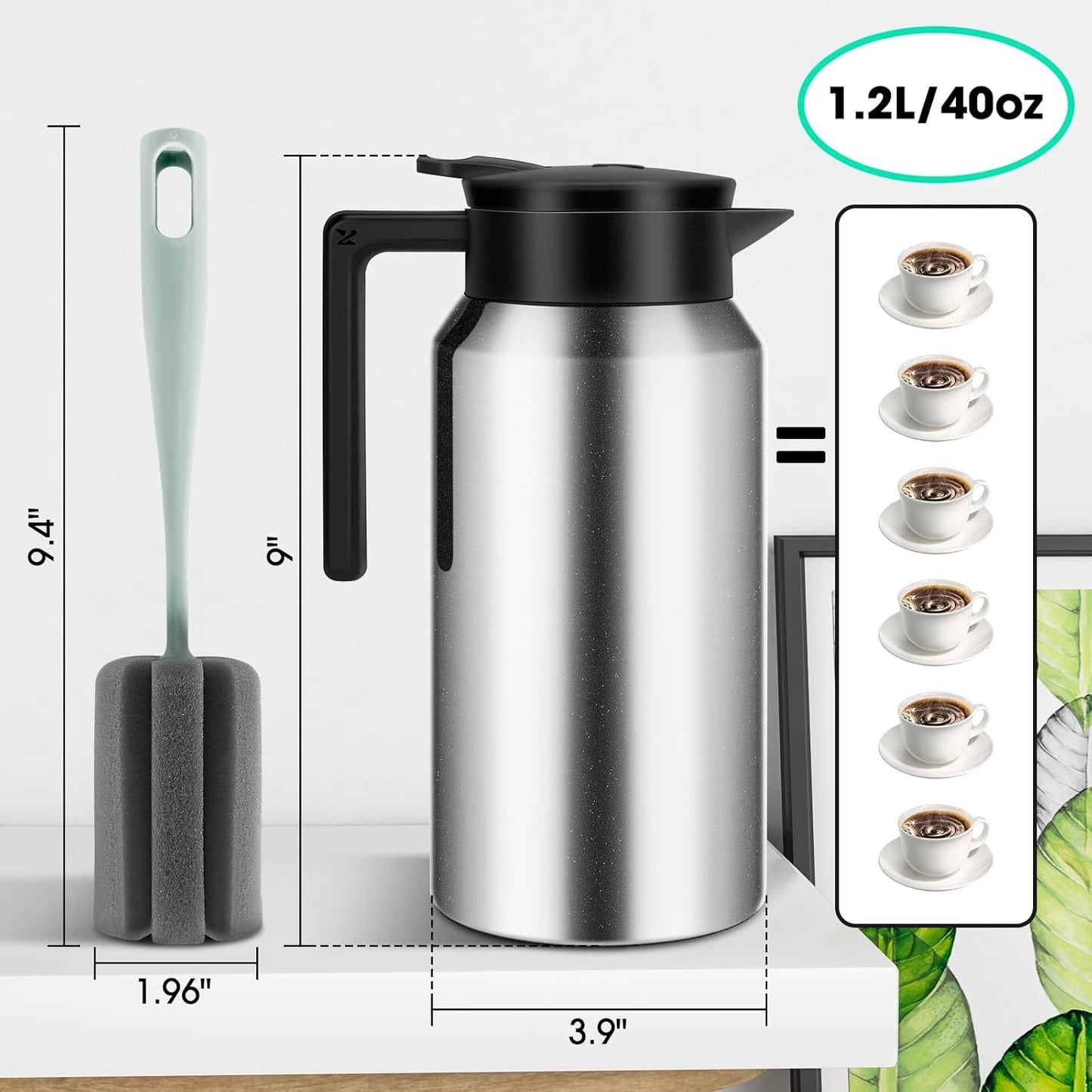 ShineMe Coffee Carafe, 40oz(1.2L) Stainless Steel Thermal Coffee Carafe for Keeping Hot/Cold, Travel Size Insulated Pitcher for Coffee, Tea, Water, Beverage Dispenser